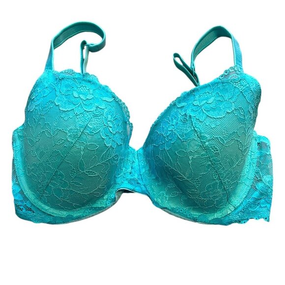 La Senza Turquoise Blue Lace Overlay Bra 34DD‎ Underwire Lined Adjustable Straps - Picture 1 of 5